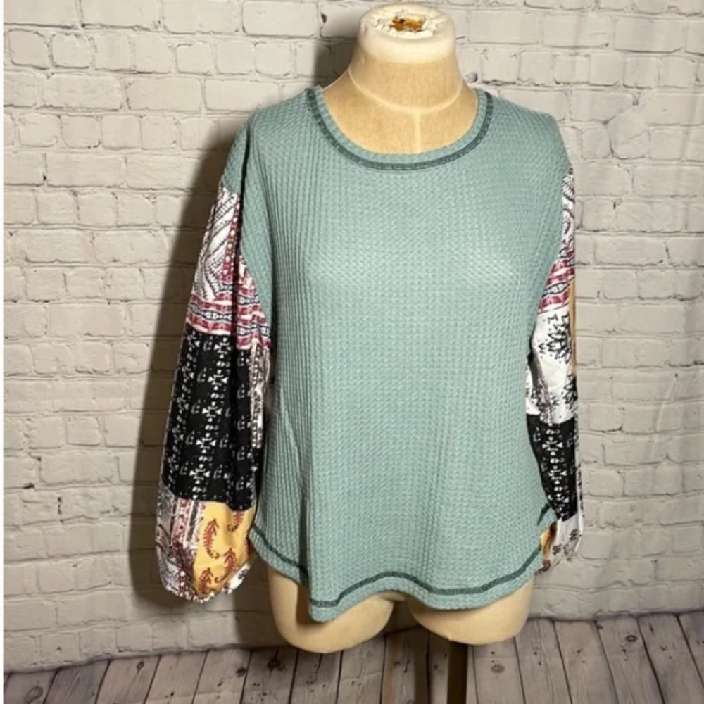 Sage Green Waffle Knit Patchwork Balloon Sleeve Boho Thermal Top